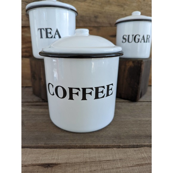 Set of 3 Farmhouse Enameled Metal Storage Containers / Coffee - Tea - Sugar - Picture 2 of 9